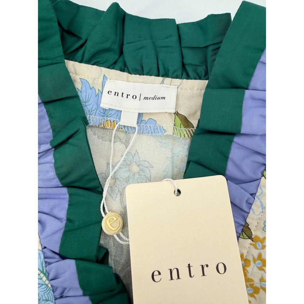Entro Floral Puff Sleeve Ruffle V-Neck Cotton Blouse Top Blue Green Medium - Picture 5 of 6